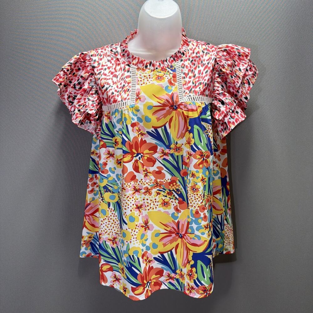 JodiFL Floral Crotchet Ruffle Sleeve Blouse Top Sz Small